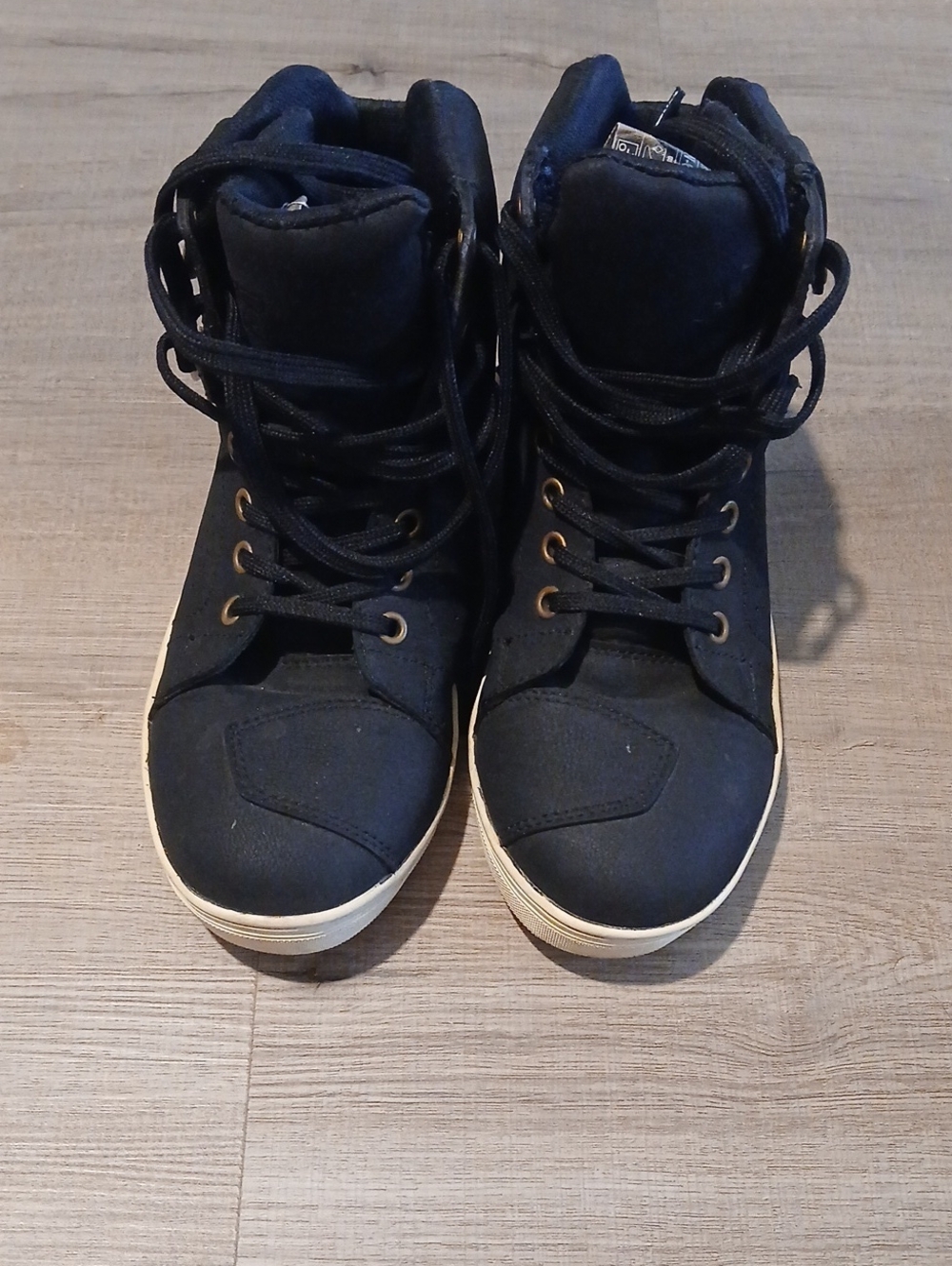Women's MotorcycleRiding Black High-Top Lace-Up Sneakers  Contrasting White Sole